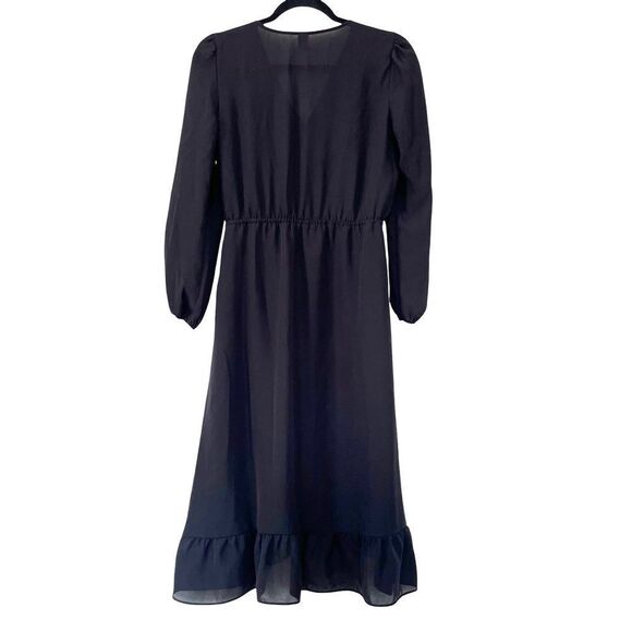 Old Navy Black Waist Defined Ruffle-Trim Faux-Wrap Georgette Midi Dress - Picture 2 of 9